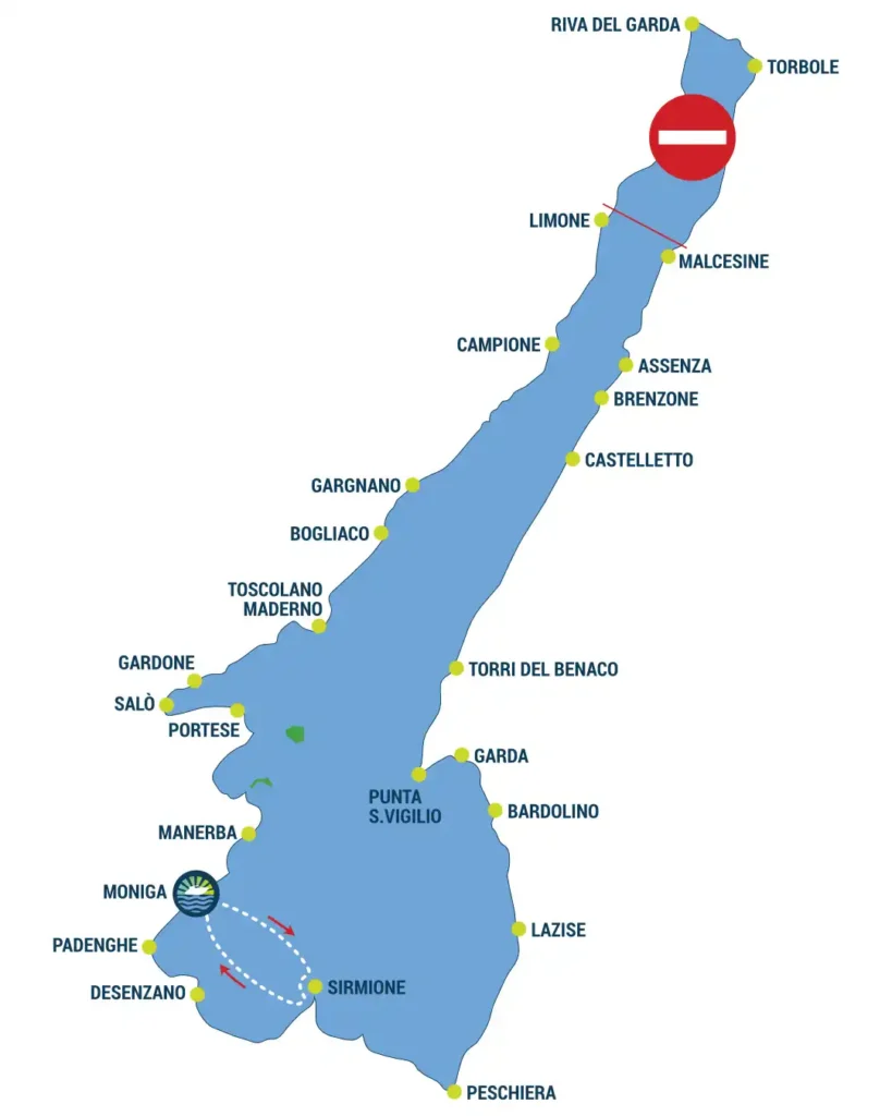 Mappa del percorso del tour in barca di Sirmione sul Lago di Garda con partenza da Moniga del Garda